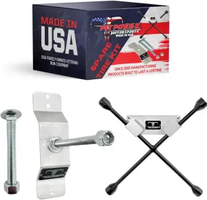 Pit Posse PP3365 Lug Nut Wrench Holder with Spare Tire Carrier Wall Mounted Kit - Made in USA - Enclosed Race Trailer Garage 4 Way Cross Spanner - Tire Iron Hanger Aluminum Utility Storage Organizer