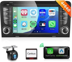 Podofo 4G 64G Car Stereo for Audi A3 S3 RS3 Radio with Wireless Carplay DSP 32EQ,7 inch IPS Touch Screen Android Auto GPS 5.0Bluetooth WiFi FM/RDS AI Voice Network Radio AHD Backup Camera