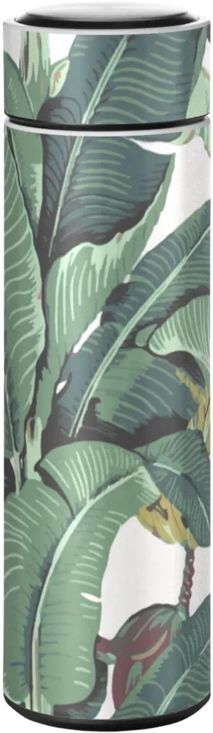 Poeticcity Seamless Old Green Hotel Banana Leaves on White Pattern Tumbler with Lid, BPA-Free Vacuum Insulated Thermal Coffee Mug,Stainless Steel Double Wall Travel Cup Water Bottle 11.8 oz