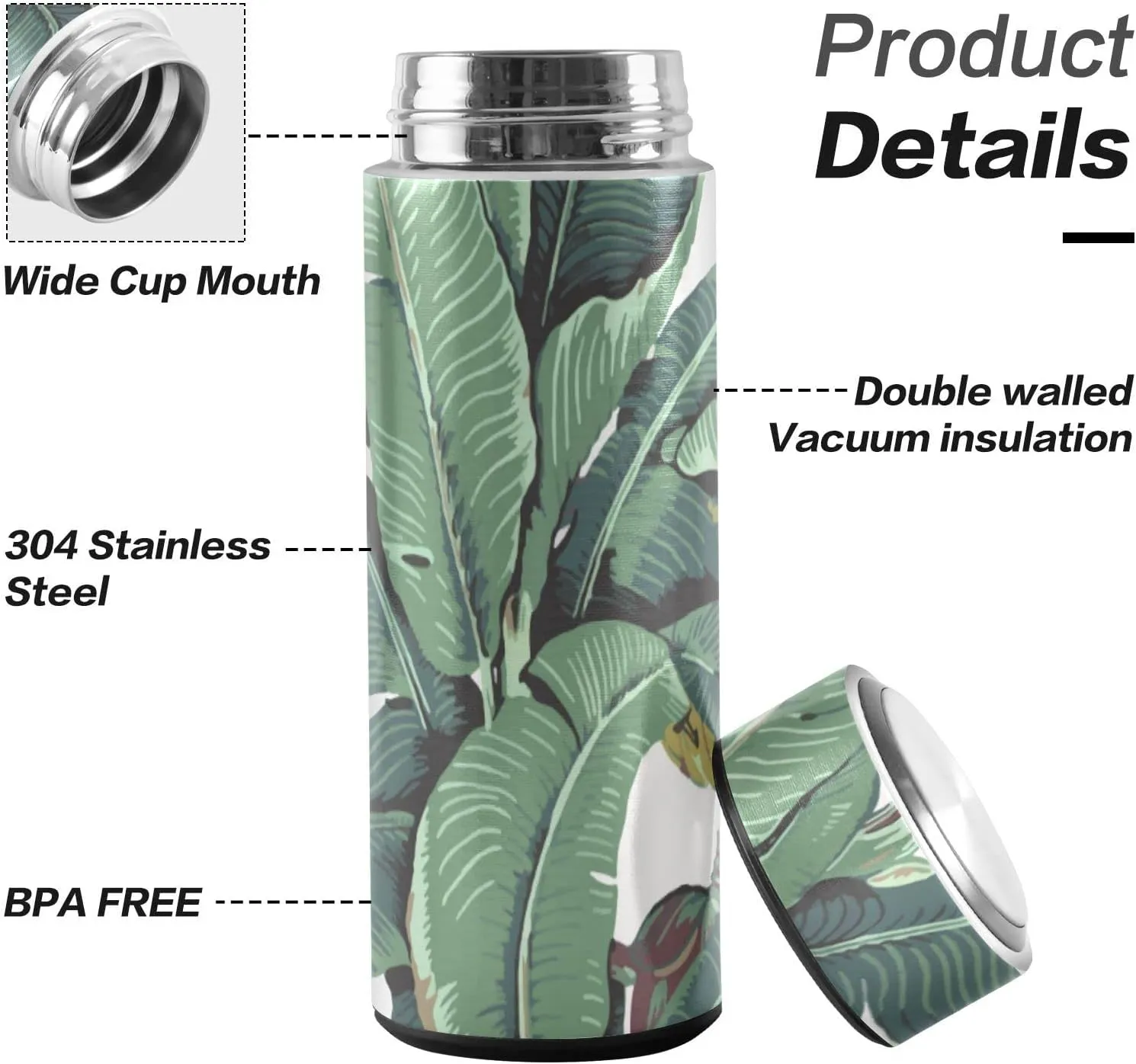 Poeticcity Seamless Old Green Hotel Banana Leaves on White Pattern Tumbler with Lid, BPA-Free Vacuum Insulated Thermal Coffee Mug,Stainless Steel Double Wall Travel Cup Water Bottle 11.8 oz