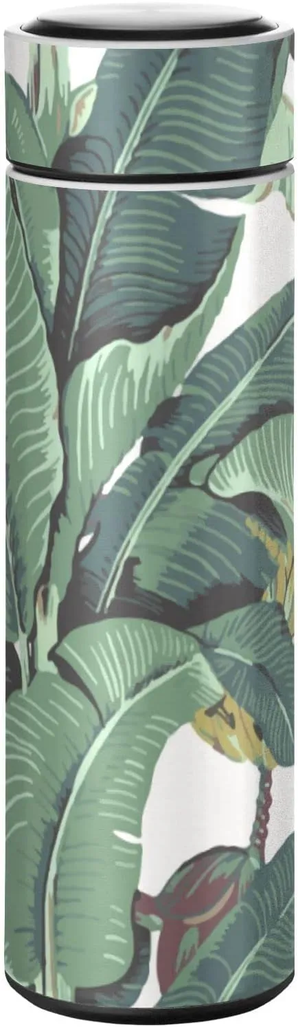 Poeticcity Seamless Old Green Hotel Banana Leaves on White Pattern Tumbler with Lid, BPA-Free Vacuum Insulated Thermal Coffee Mug,Stainless Steel Double Wall Travel Cup Water Bottle 11.8 oz