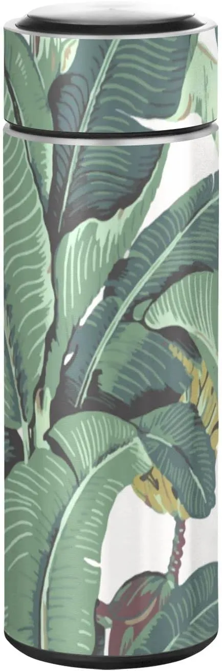 Poeticcity Seamless Old Green Hotel Banana Leaves on White Pattern Tumbler with Lid, BPA-Free Vacuum Insulated Thermal Coffee Mug,Stainless Steel Double Wall Travel Cup Water Bottle 11.8 oz