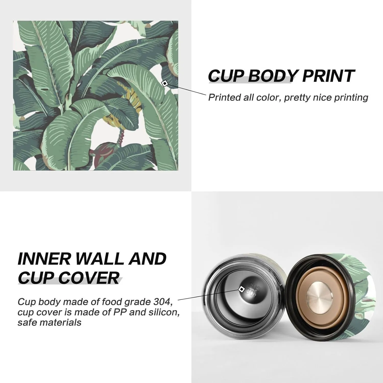 Poeticcity Seamless Old Green Hotel Banana Leaves on White Pattern Tumbler with Lid, BPA-Free Vacuum Insulated Thermal Coffee Mug,Stainless Steel Double Wall Travel Cup Water Bottle 11.8 oz