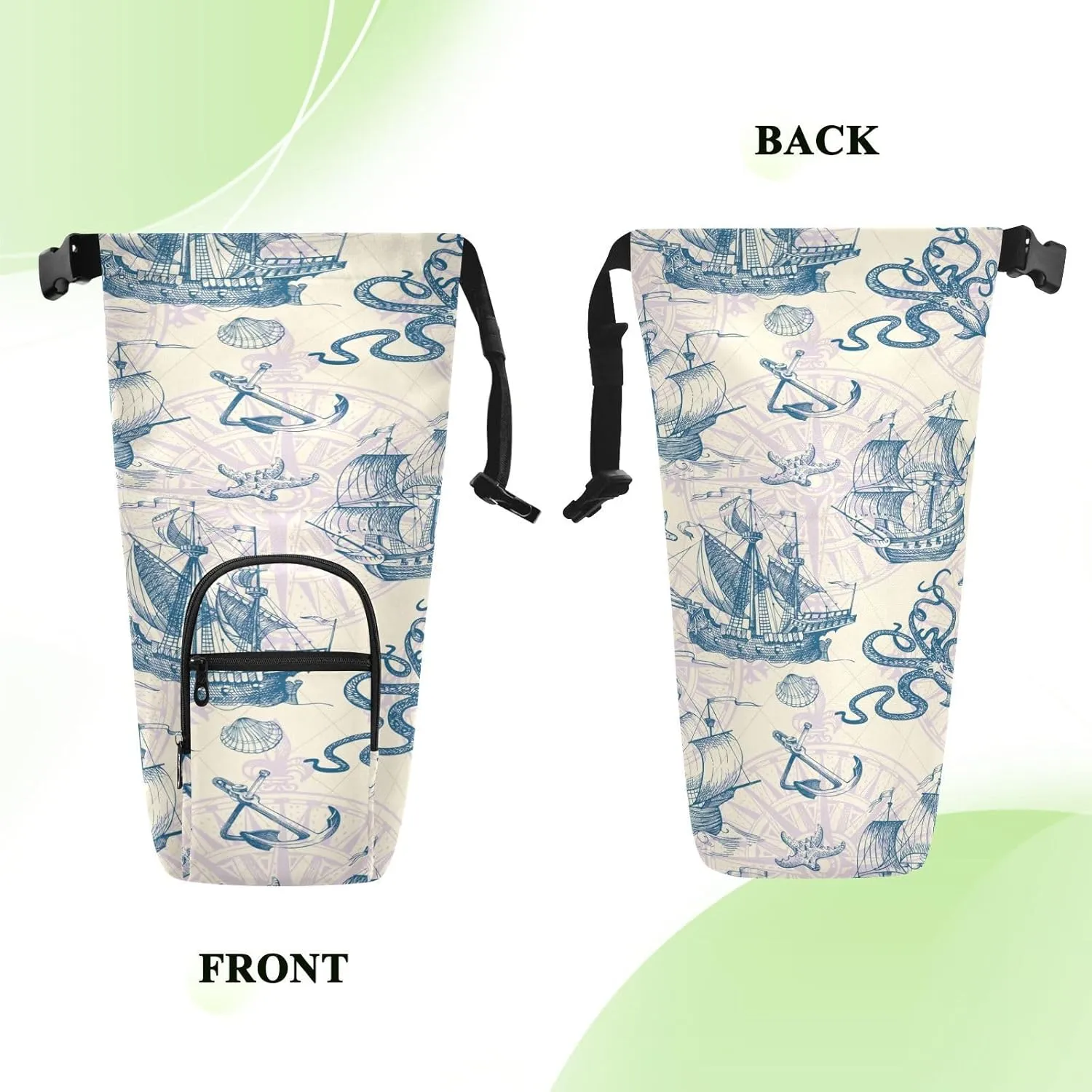 Poeticcity Water Bottle Sling Sleeve Bag, Bottle Carrier Holder Case Cover with Removable Strap Travel Cup Mug Storage with Pockets Old Vintage Sailing Ships, Anchor, Sea Octopus Monster Ocean Map