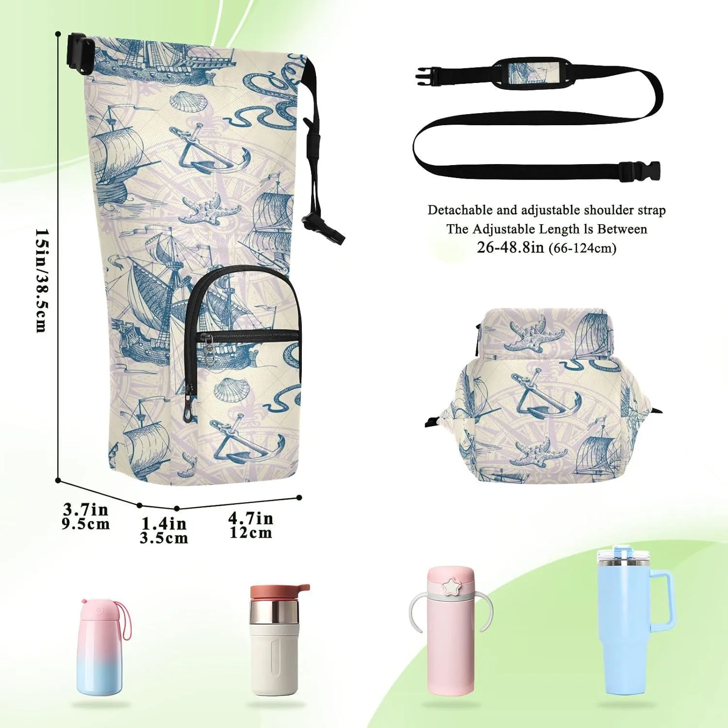 Poeticcity Water Bottle Sling Sleeve Bag, Bottle Carrier Holder Case Cover with Removable Strap Travel Cup Mug Storage with Pockets Old Vintage Sailing Ships, Anchor, Sea Octopus Monster Ocean Map