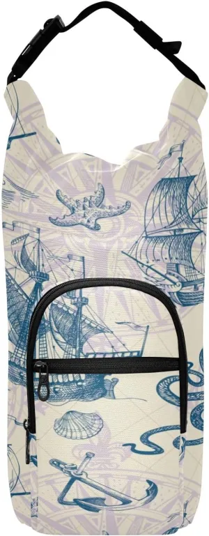 Poeticcity Water Bottle Sling Sleeve Bag, Bottle Carrier Holder Case Cover with Removable Strap Travel Cup Mug Storage with Pockets Old Vintage Sailing Ships, Anchor, Sea Octopus Monster Ocean Map
