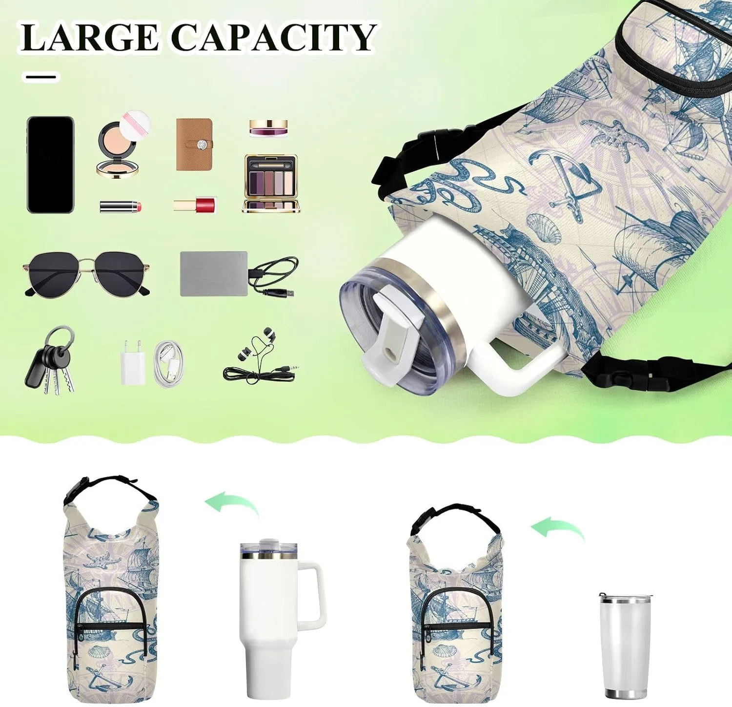 Poeticcity Water Bottle Sling Sleeve Bag, Bottle Carrier Holder Case Cover with Removable Strap Travel Cup Mug Storage with Pockets Old Vintage Sailing Ships, Anchor, Sea Octopus Monster Ocean Map