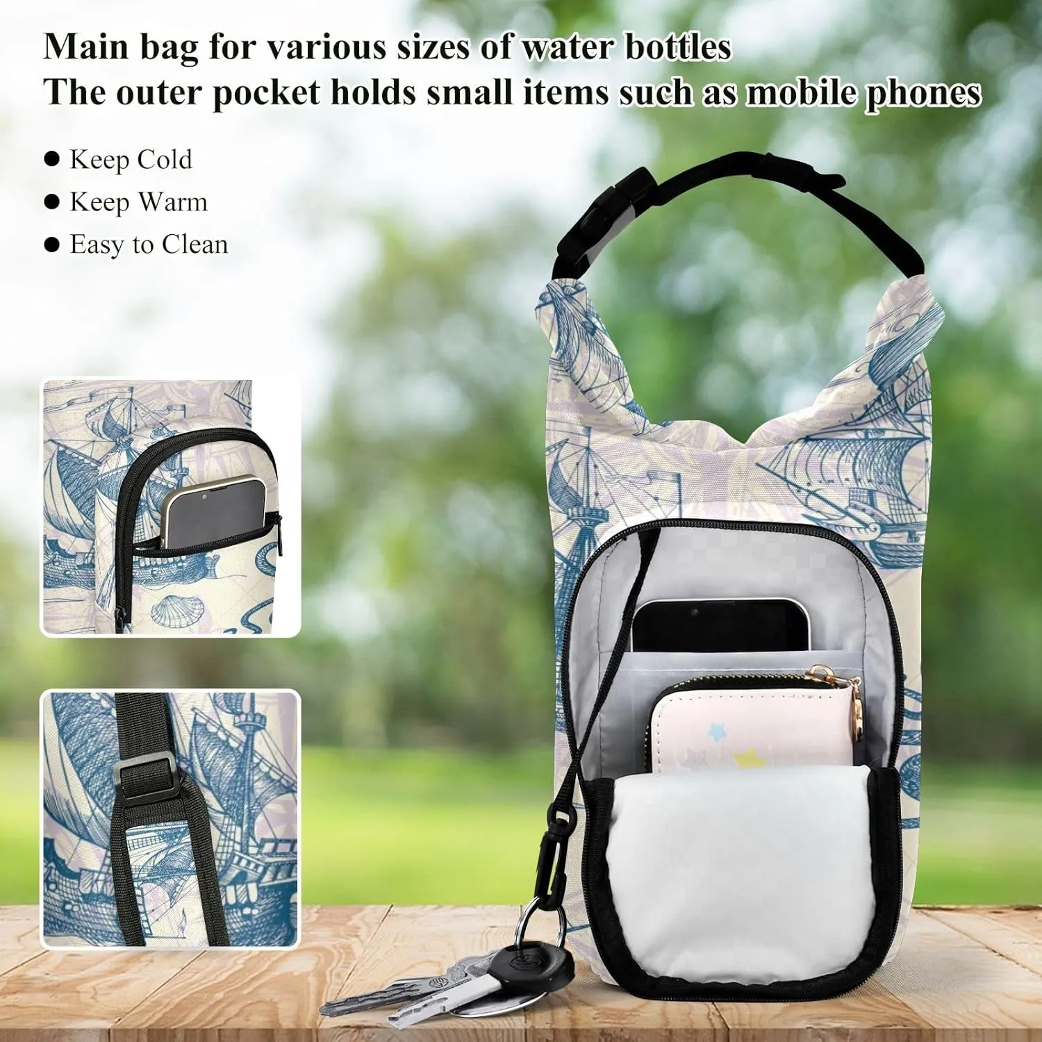 Poeticcity Water Bottle Sling Sleeve Bag, Bottle Carrier Holder Case Cover with Removable Strap Travel Cup Mug Storage with Pockets Old Vintage Sailing Ships, Anchor, Sea Octopus Monster Ocean Map