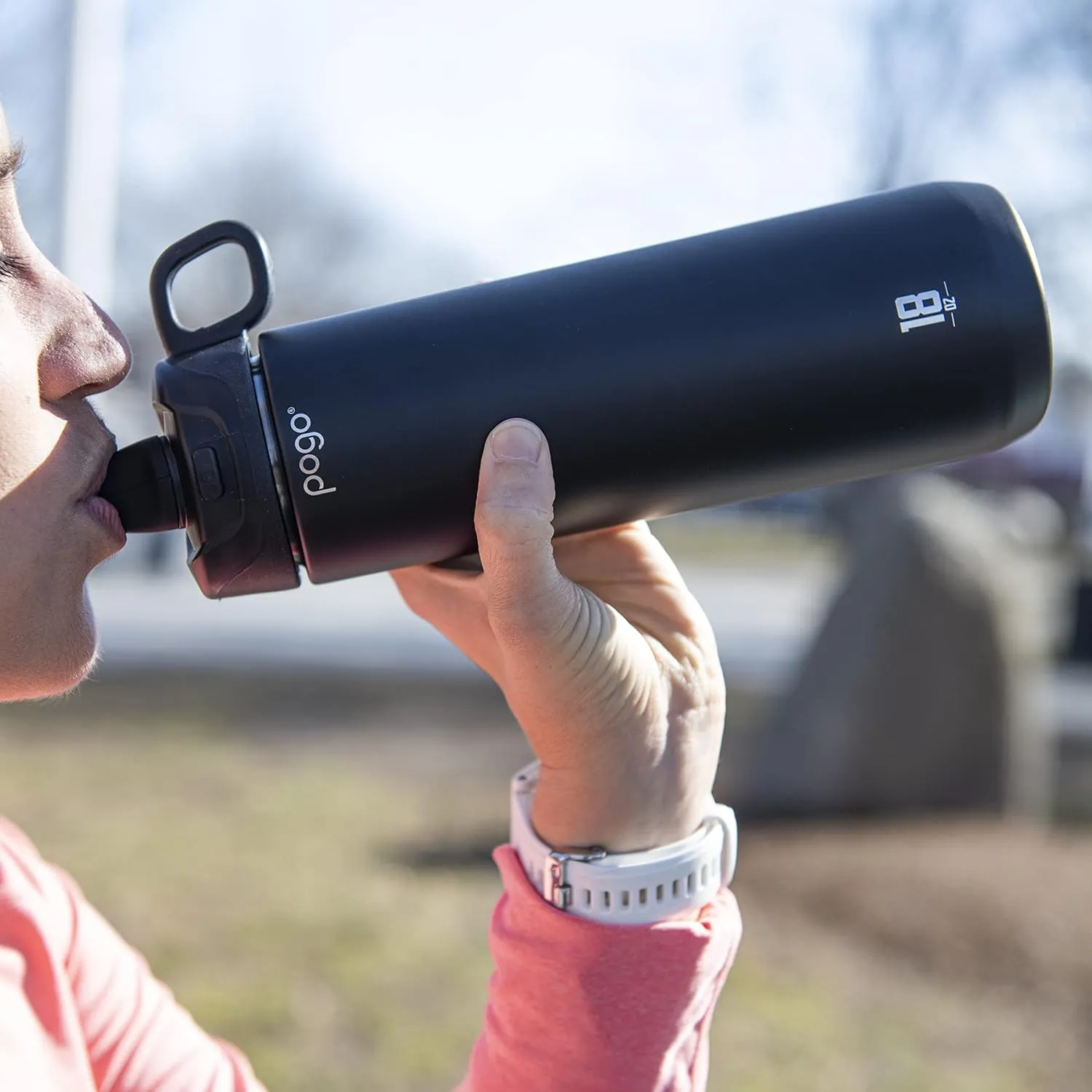 Pogo Active Vacuum Insulated Stainless Steel Water Bottle with Leak Proof Chug Lid and Silicone Carry Loop, Powdercoat, Black, 18 oz