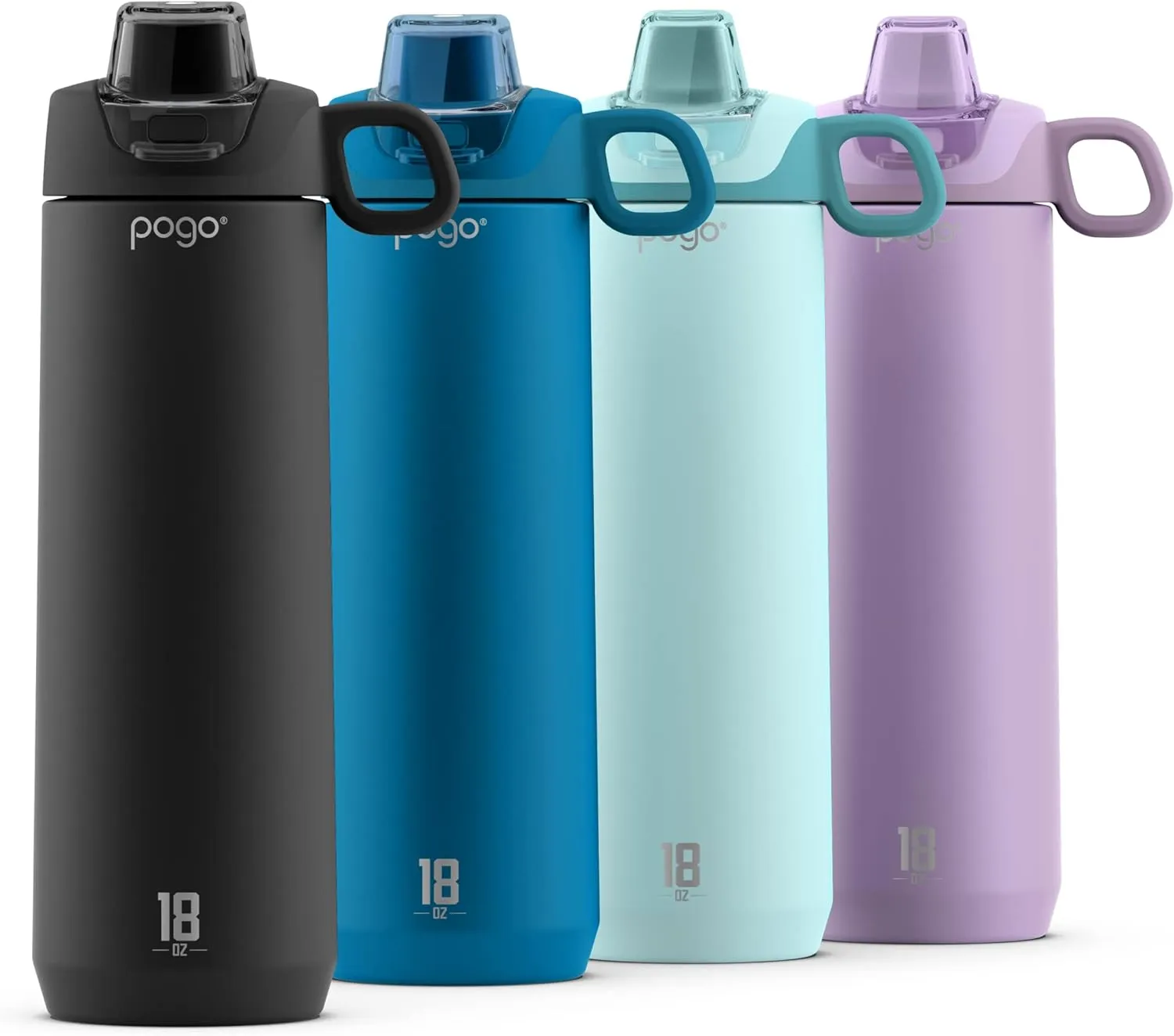 Pogo Active Vacuum Insulated Stainless Steel Water Bottle with Leak Proof Chug Lid and Silicone Carry Loop, Powdercoat, Black, 18 oz