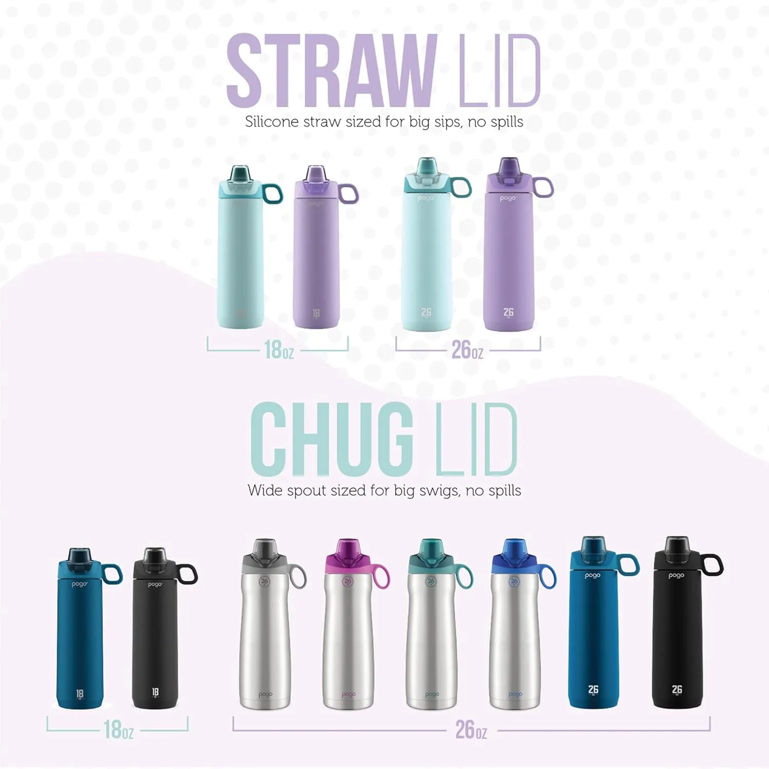 Pogo Active Vacuum Insulated Stainless Steel Water Bottle with Leak Proof Chug Lid and Silicone Carry Loop, Powdercoat, Black, 18 oz