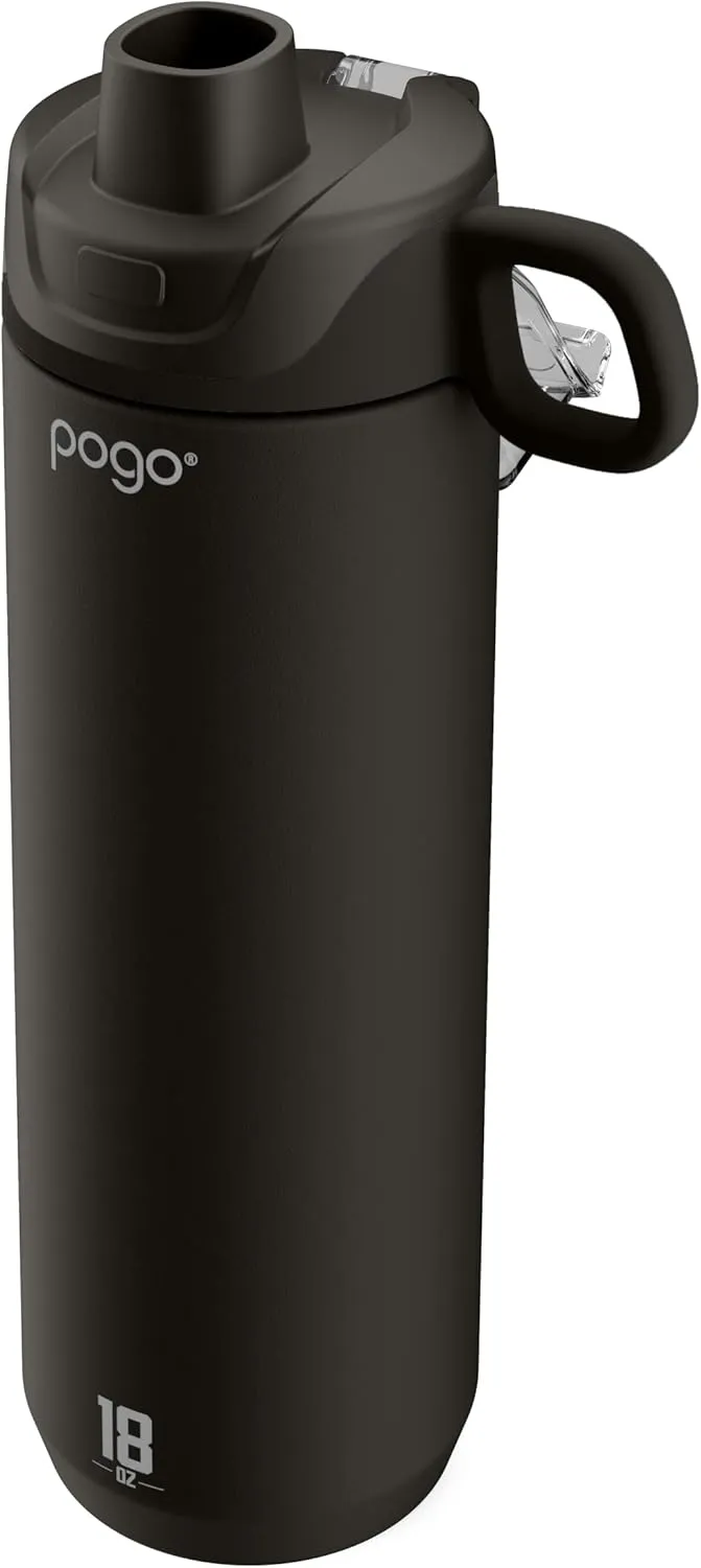 Pogo Active Vacuum Insulated Stainless Steel Water Bottle with Leak Proof Chug Lid and Silicone Carry Loop, Powdercoat, Black, 18 oz