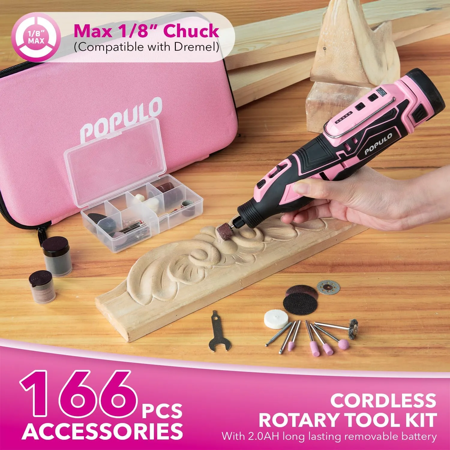 POPULO Pink 12V Cordless Rotary Tool Kit, 5 Speed, 32000 RPM, 116 Accessories with Removable Battery for Engraving, Sanding, Polishing, Cutting, Carving, DIY, Pet Grooming