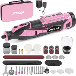 POPULO Pink 12V Cordless Rotary Tool Kit, 5 Speed, 32000 RPM, 116 Accessories with Removable Battery for Engraving, Sanding, Polishing, Cutting, Carving, DIY, Pet Grooming