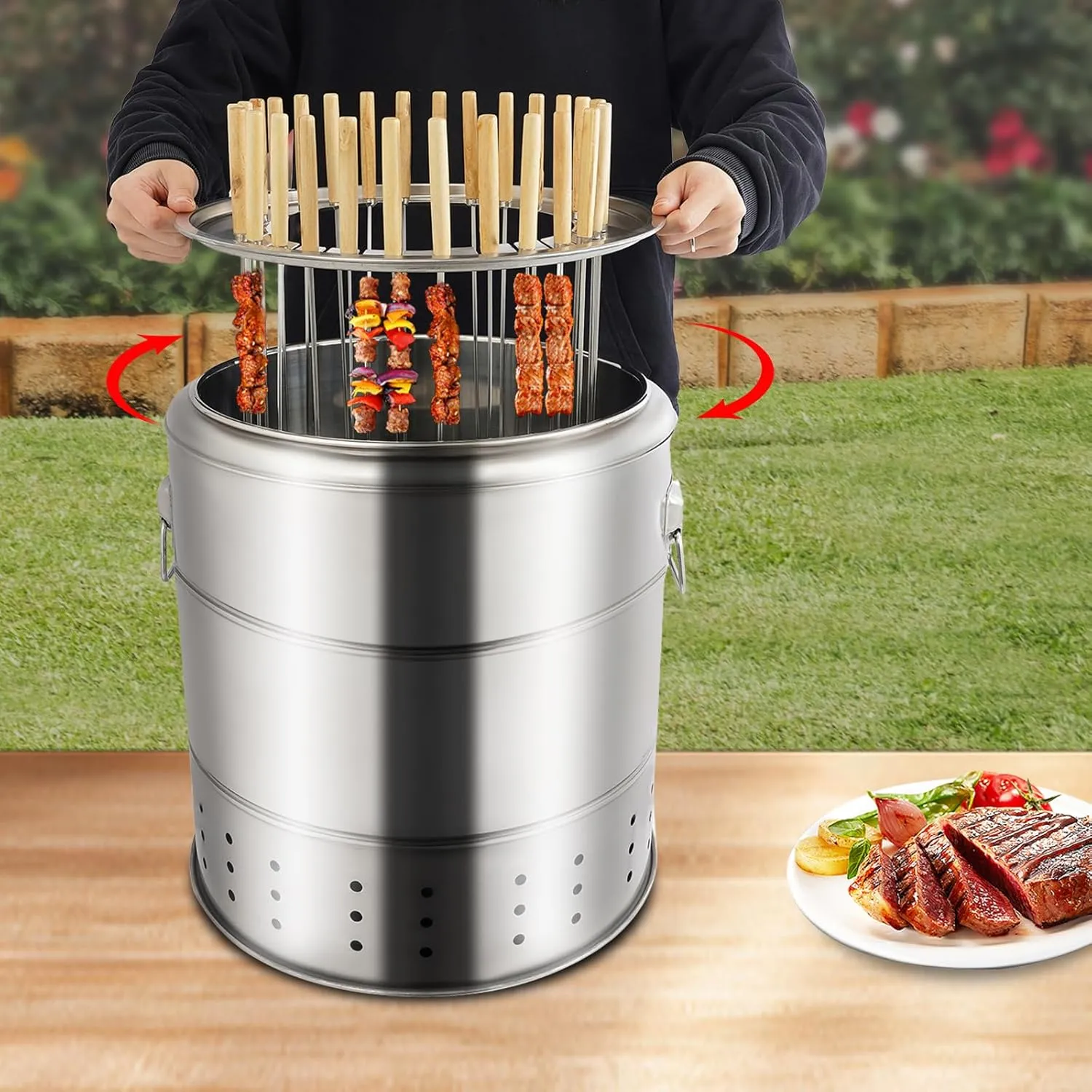 Portable Charcoal Grill Large Stainless Steel Barbecue Charcoal Barrel Grill Smokeless BBQ Grill Barrel with Grilling Accessories Set for Outdoor Cooking Camping Grill Picnic Patio (28 skewers)