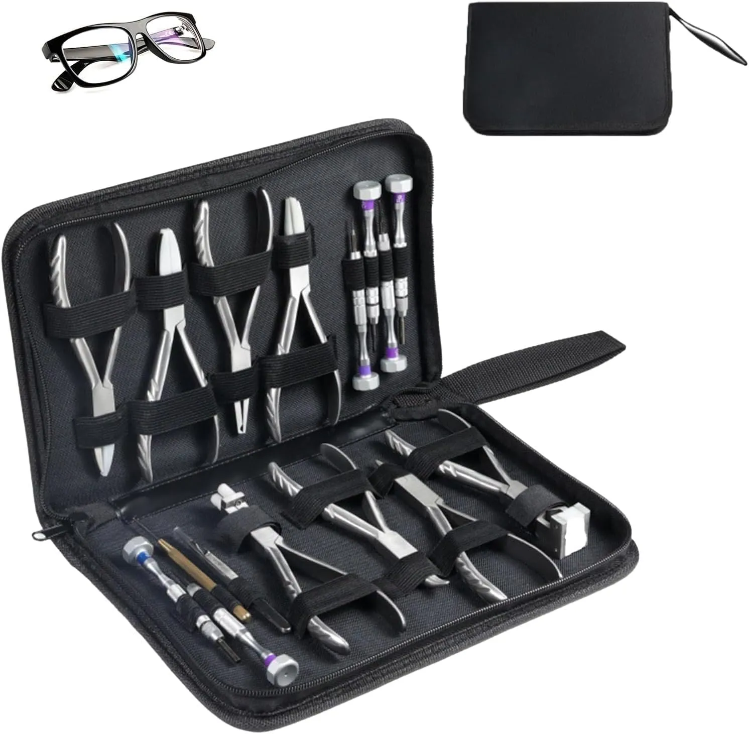 Portable Eyeglass Repair Kit with Storage Bag, 16pcs Optical Eyeglass Pliers Kit, Eyeglass Frame and Nose Pad Adjusting Tools, Rimless Disassembly Glasses Frames Tools for Glasses Repair