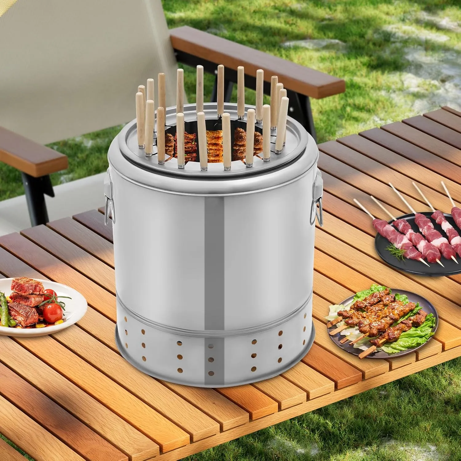 Portable Smokeless Barbecue Charcoal Barrel Grill, Stainless Steel Surround Charcoal Kebab Grill with 20 Skewers for Picnics, Camping, BBQ, 13 x 15in