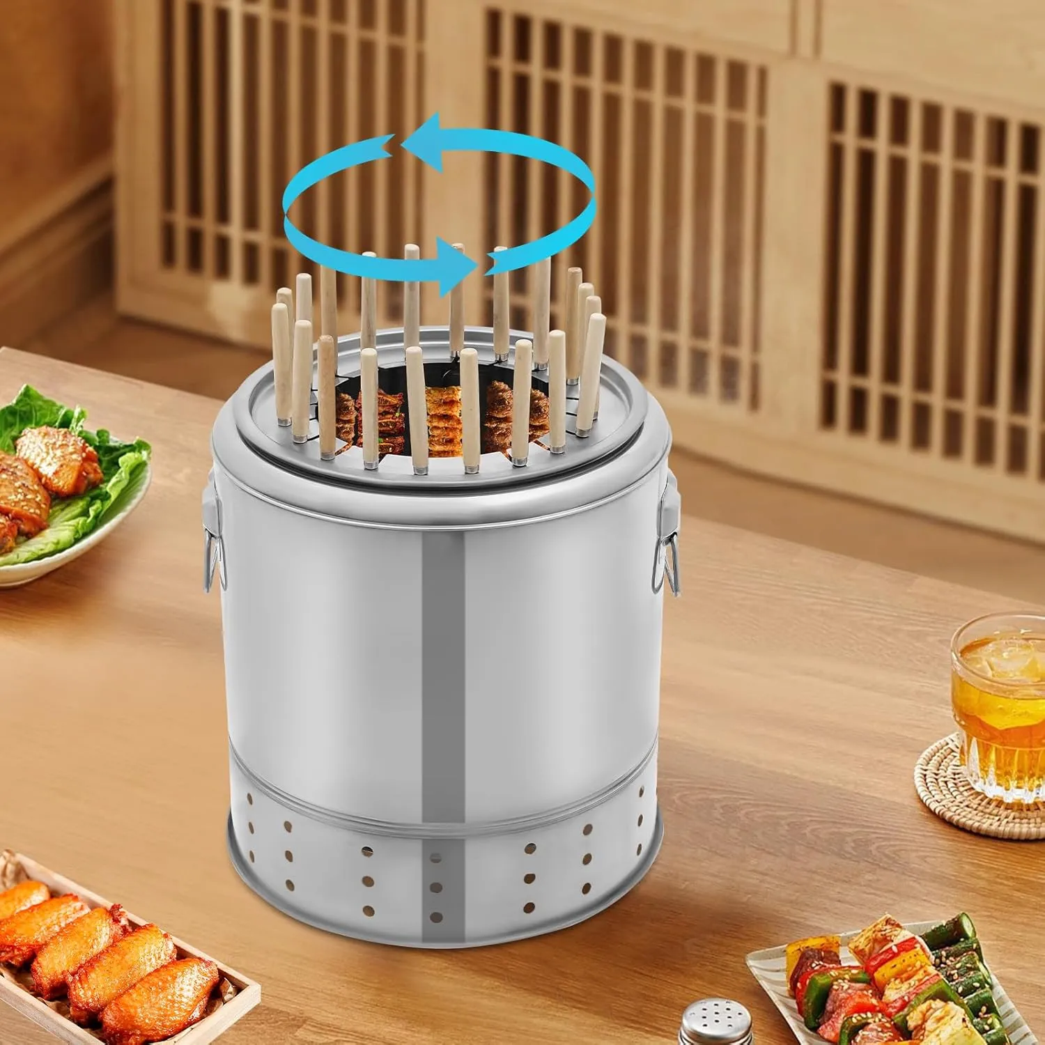 Portable Smokeless Barbecue Charcoal Barrel Grill, Stainless Steel Surround Charcoal Kebab Grill with 20 Skewers for Picnics, Camping, BBQ, 13 x 15in
