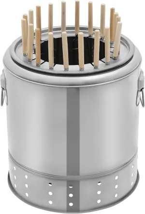 Portable Smokeless Barbecue Charcoal Barrel Grill, Stainless Steel Surround Charcoal Kebab Grill with 20 Skewers for Picnics, Camping, BBQ, 13 x 15in