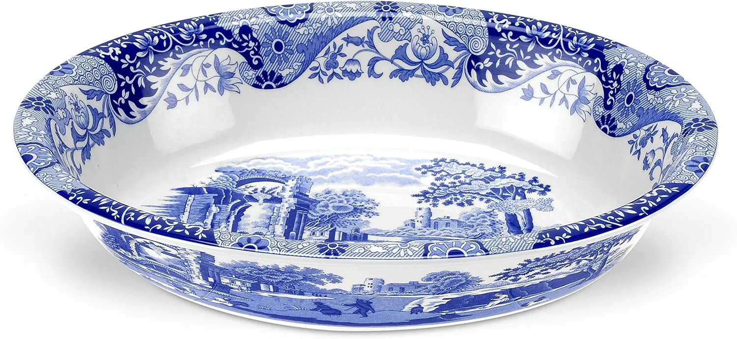 Portmeirion Spode Blue Italian Oval Rim Dish | Deep Baking Pan for Serving Vegetables, Roast Dinner, and More | 12.5 inch x 8.75 inch | Made of Fine Porcelain | Microwave and Dishwasher Safe