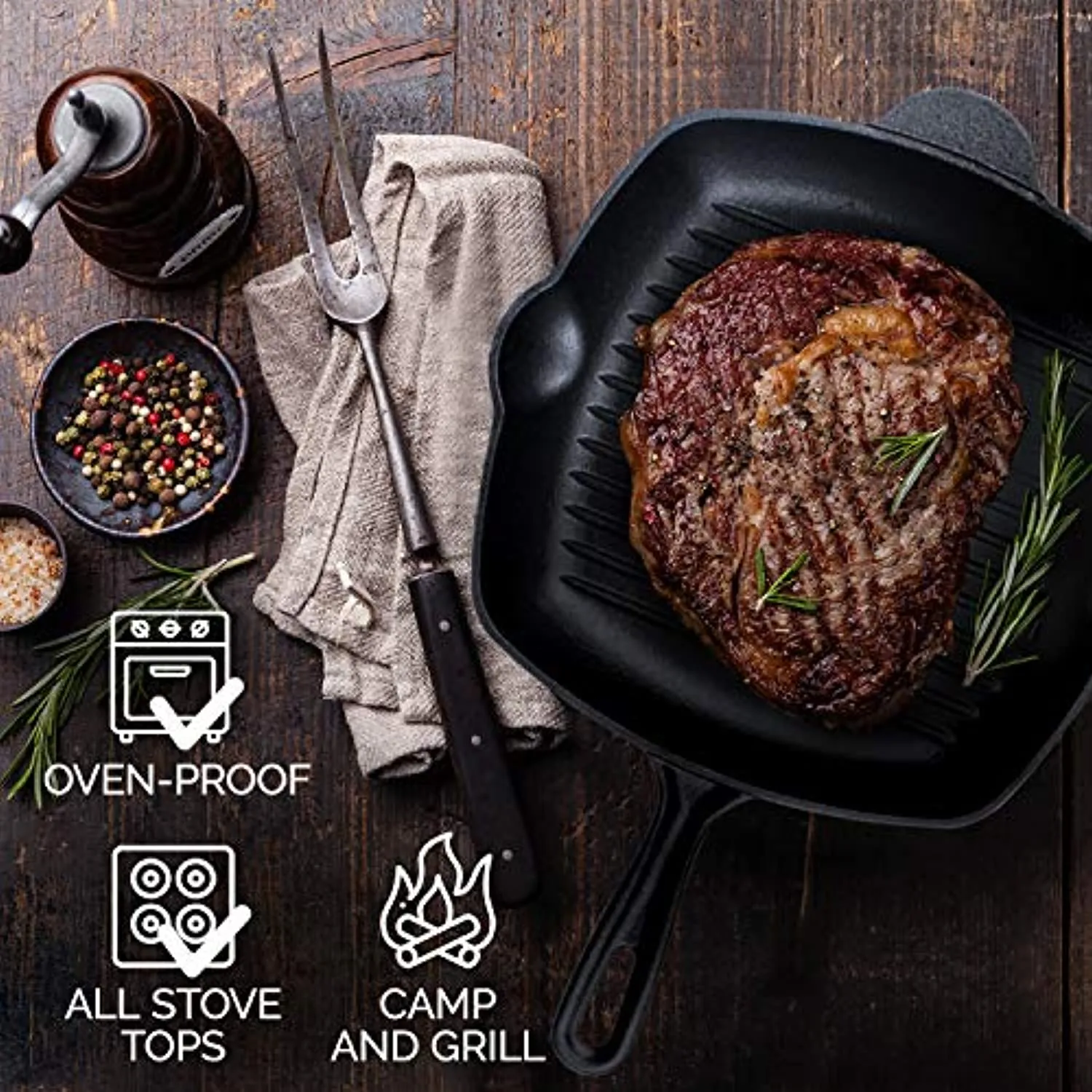 Pre-Seasoned Cast Iron Griddle Skillet Frying Pan, Steak Frying Pan for Stove Top, Camping and Barbecue