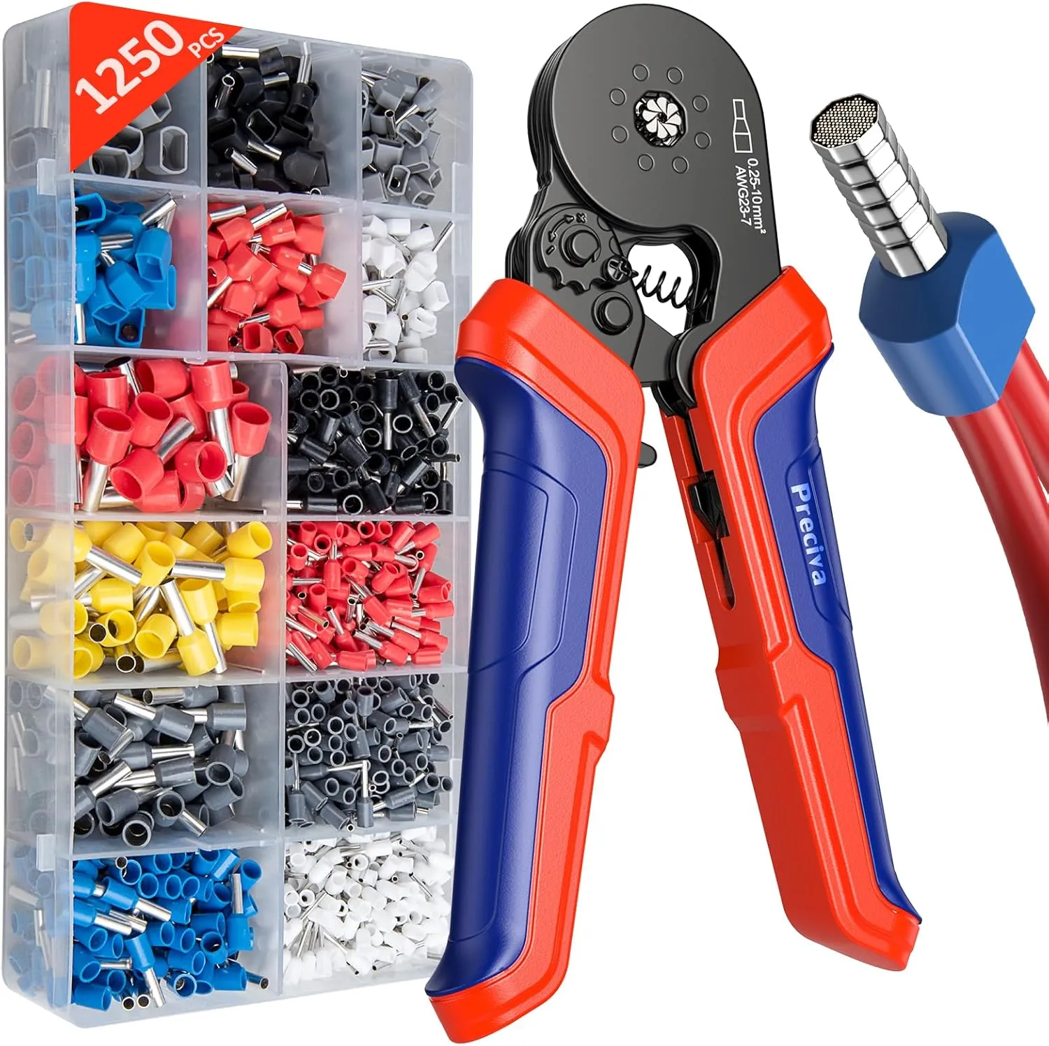 Preciva Ferrule Crimping Tool Kit, Octagonal Crimping Pliers with 1250PCS Single & Twin Ferrules Connectors, Self-Adjustable Ratchet Ferrule Terminals Crimper AWG 23-7