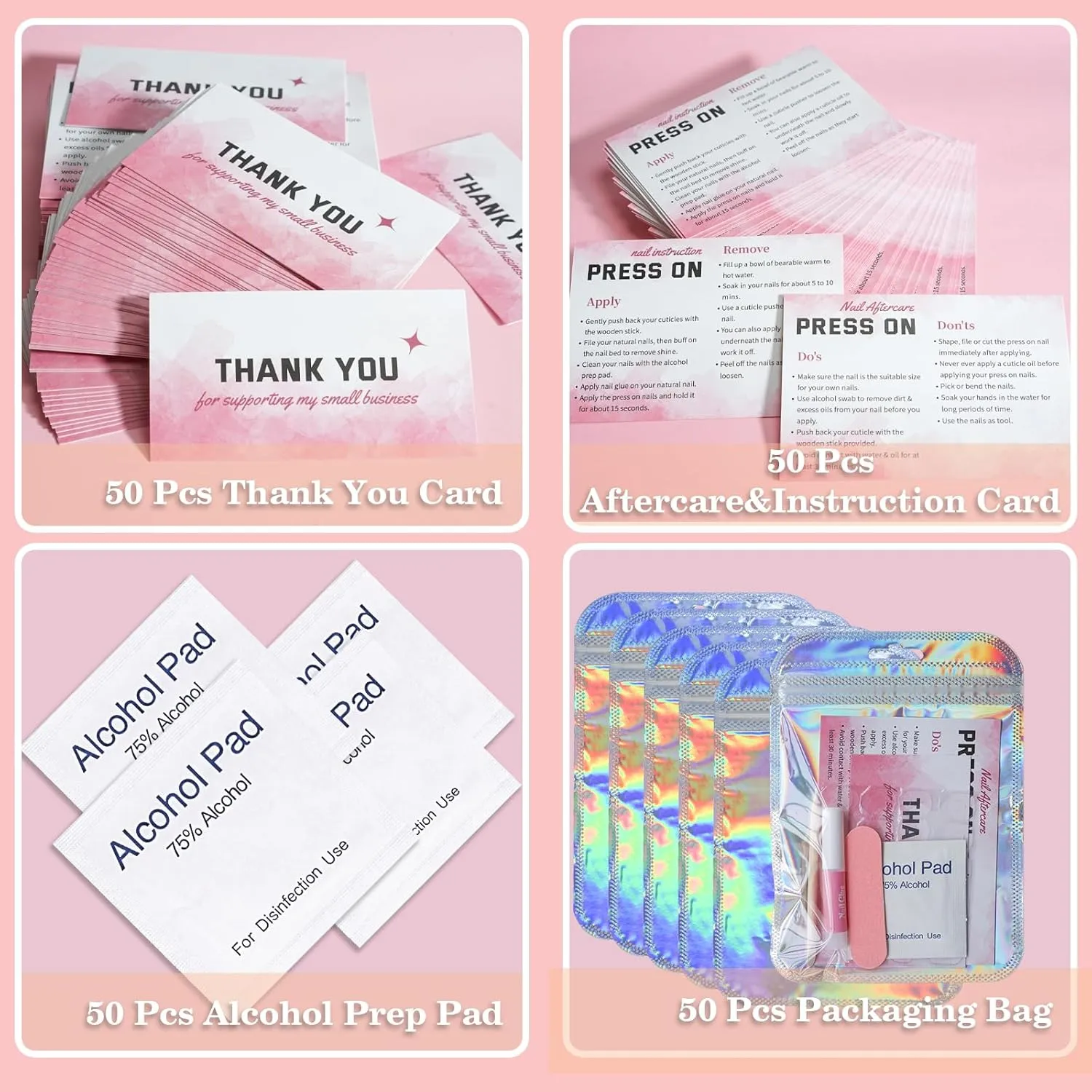 Press On Nail Tool Kit for Business - Prep Application Disposable Kit With File, Glue, Prep Pads, Instruction Card, Adhesive Tabs, Wood Stick, Holographic Bag (50pcs in Pink)