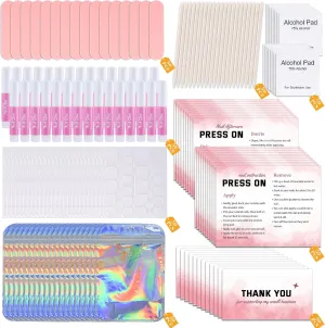 Press On Nail Tool Kit for Business - Prep Application Disposable Kit With File, Glue, Prep Pads, Instruction Card, Adhesive Tabs, Wood Stick, Holographic Bag (50pcs in Pink)