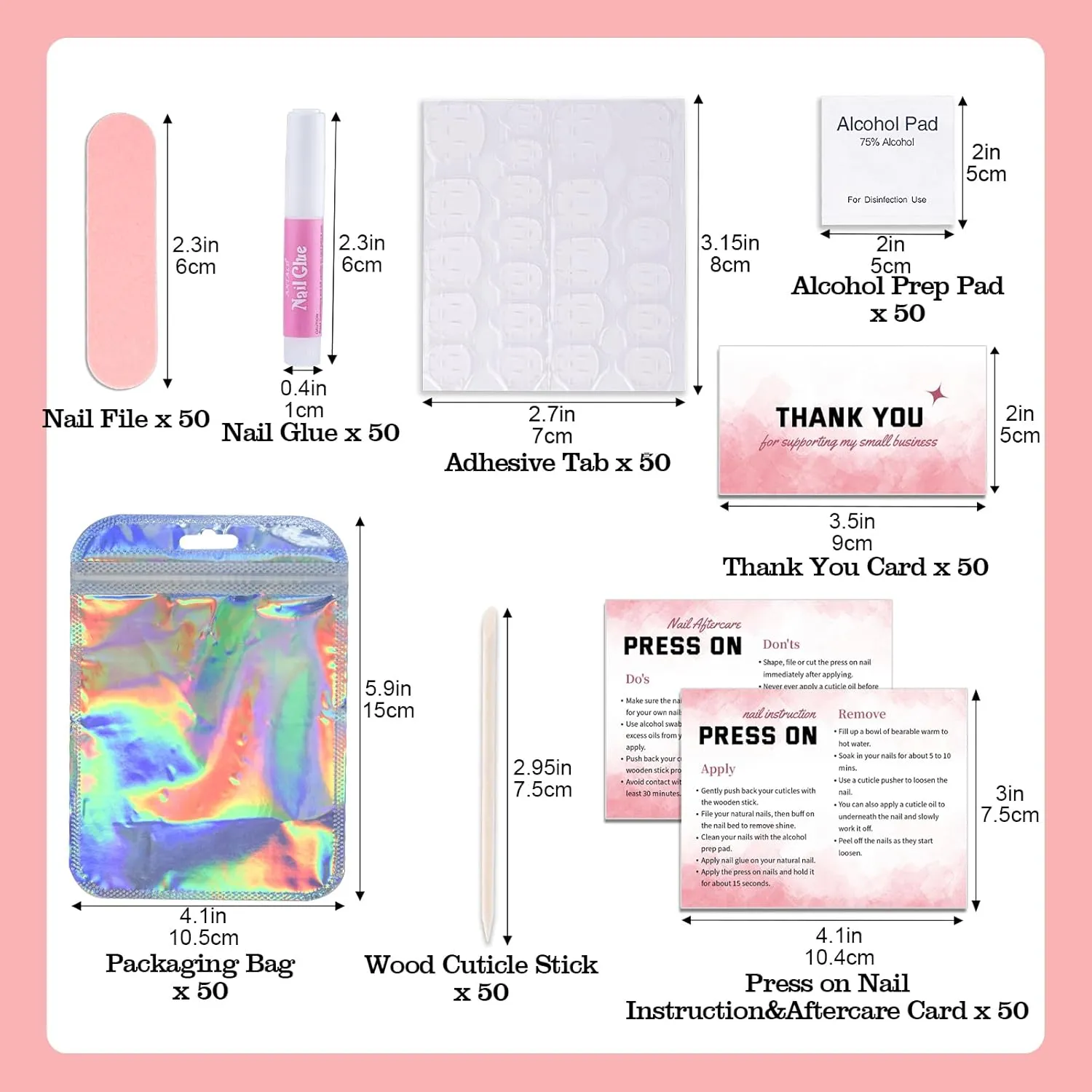 Press On Nail Tool Kit for Business - Prep Application Disposable Kit With File, Glue, Prep Pads, Instruction Card, Adhesive Tabs, Wood Stick, Holographic Bag (50pcs in Pink)
