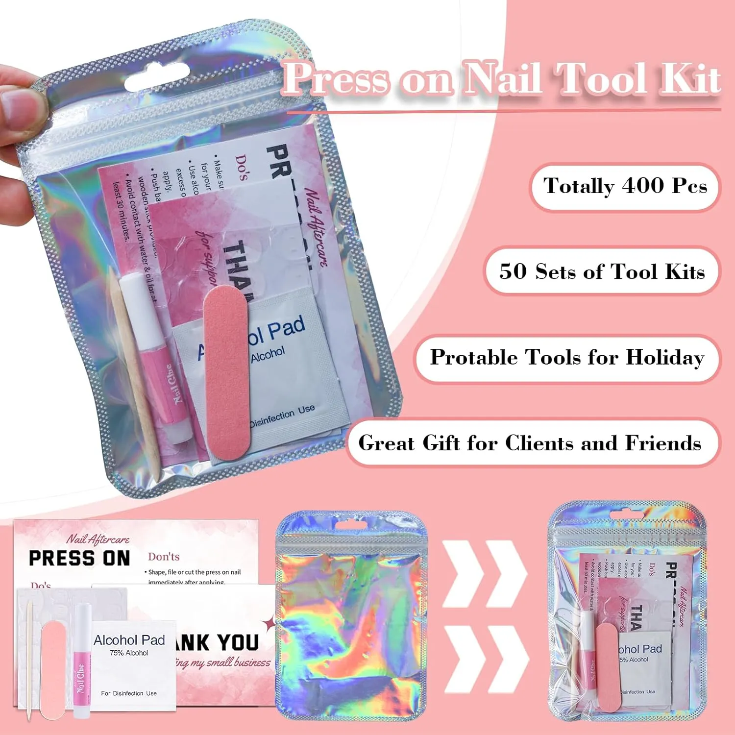 Press On Nail Tool Kit for Business - Prep Application Disposable Kit With File, Glue, Prep Pads, Instruction Card, Adhesive Tabs, Wood Stick, Holographic Bag (50pcs in Pink)