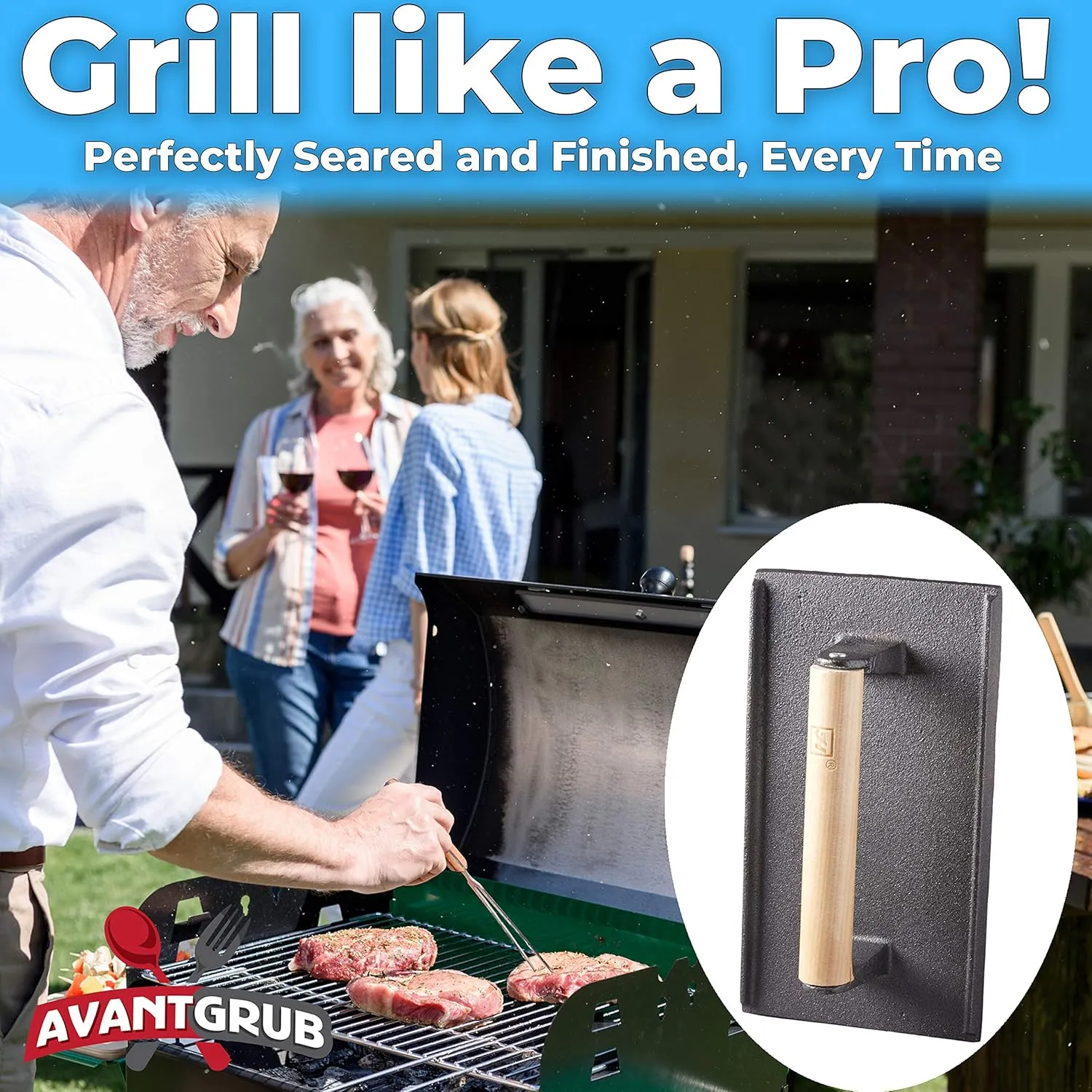Pro Grade, Pre Seasoned Cast Iron Grill Weight 3Pk. Heavy Duty Steak and Burger Press with Wooden Handle for Grills, Griddles and Flattops. Perfect Gadget for Bacon, Paninis, Sandwiches and Vegetables