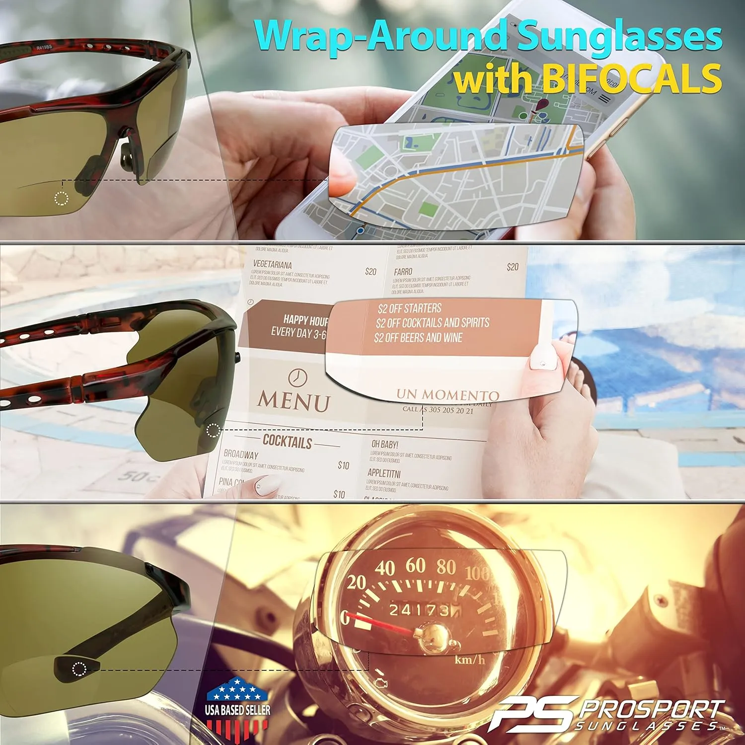 proSPORT BIFOCAL Sunglass Readers Men Women Blue Light Blocking HD Amber Lens Semi-Rimless Wrap-Around Golf Driving