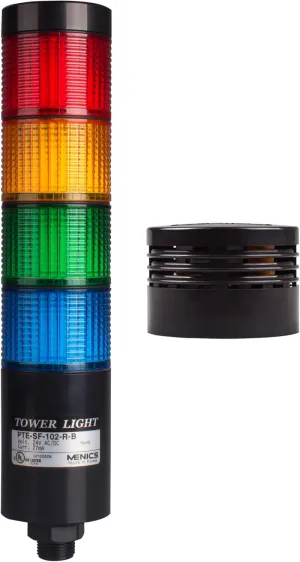 PTE-SCB-402-RYGB-B, Tower Light Kit, 56mm Modular LED, Red/Yellow/Green/Blue Lens 4 Stacks, Steady, Direct Mounting, Black Body, 25" Lead Wires, 24 VAC/DC, Including 80dB Buzzer