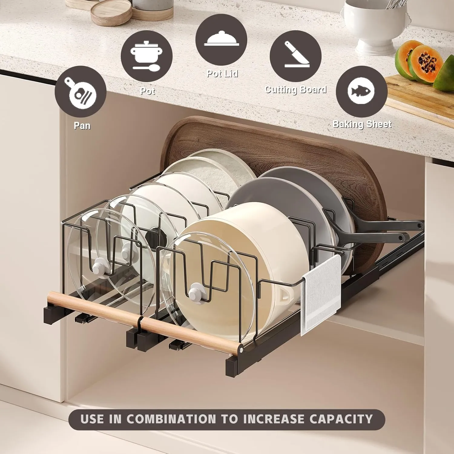 Pull Out Pots and Pans Organizer Under Cabinet, 22" Deep Expandable Pot Lid Organizer and Storage with 10 Adjustable Dividers Adhesive Pot and Pan Holder Rack with Handle Bracket(1 Pack,Black)