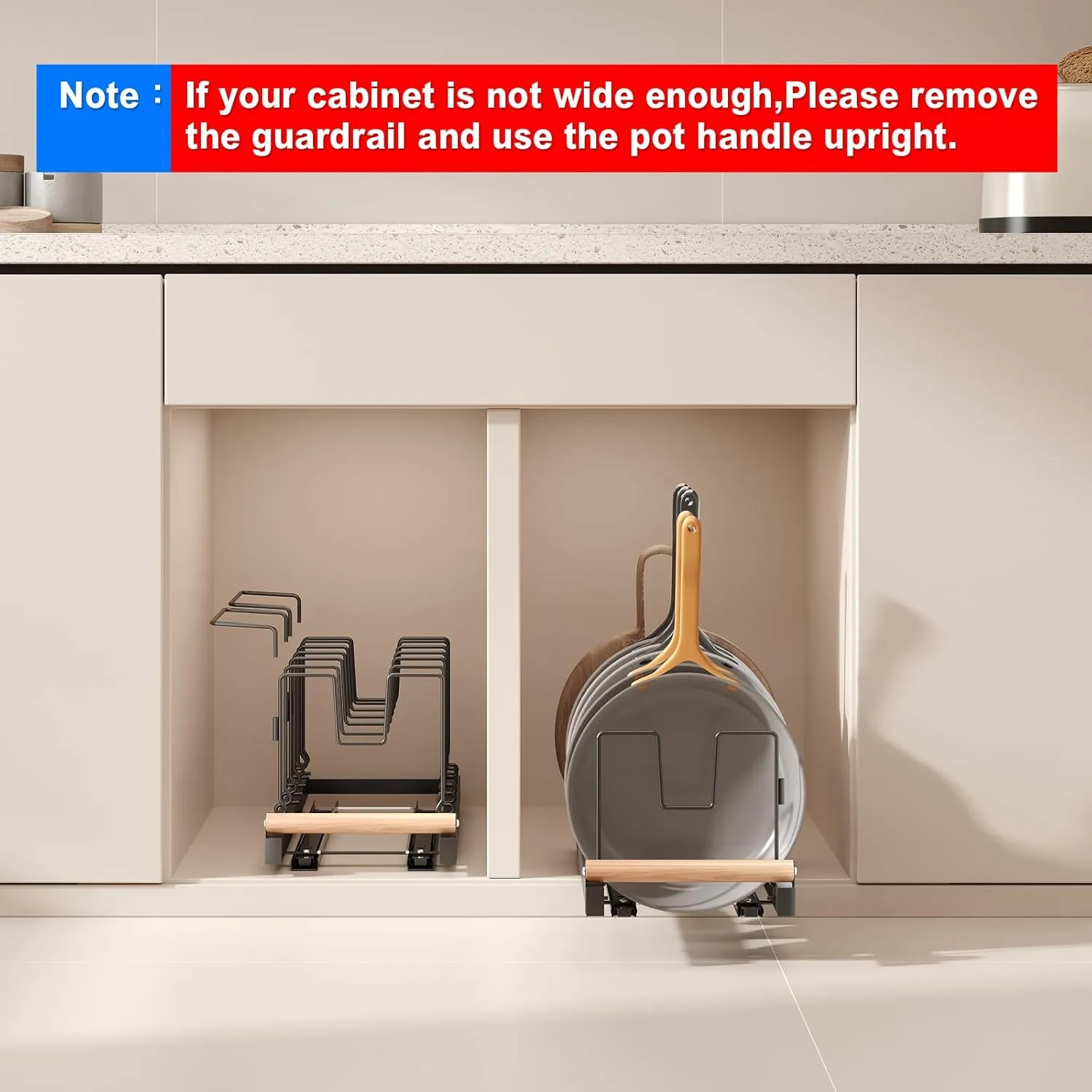 Pull Out Pots and Pans Organizer Under Cabinet, 22" Deep Expandable Pot Lid Organizer and Storage with 10 Adjustable Dividers Adhesive Pot and Pan Holder Rack with Handle Bracket(1 Pack,Black)
