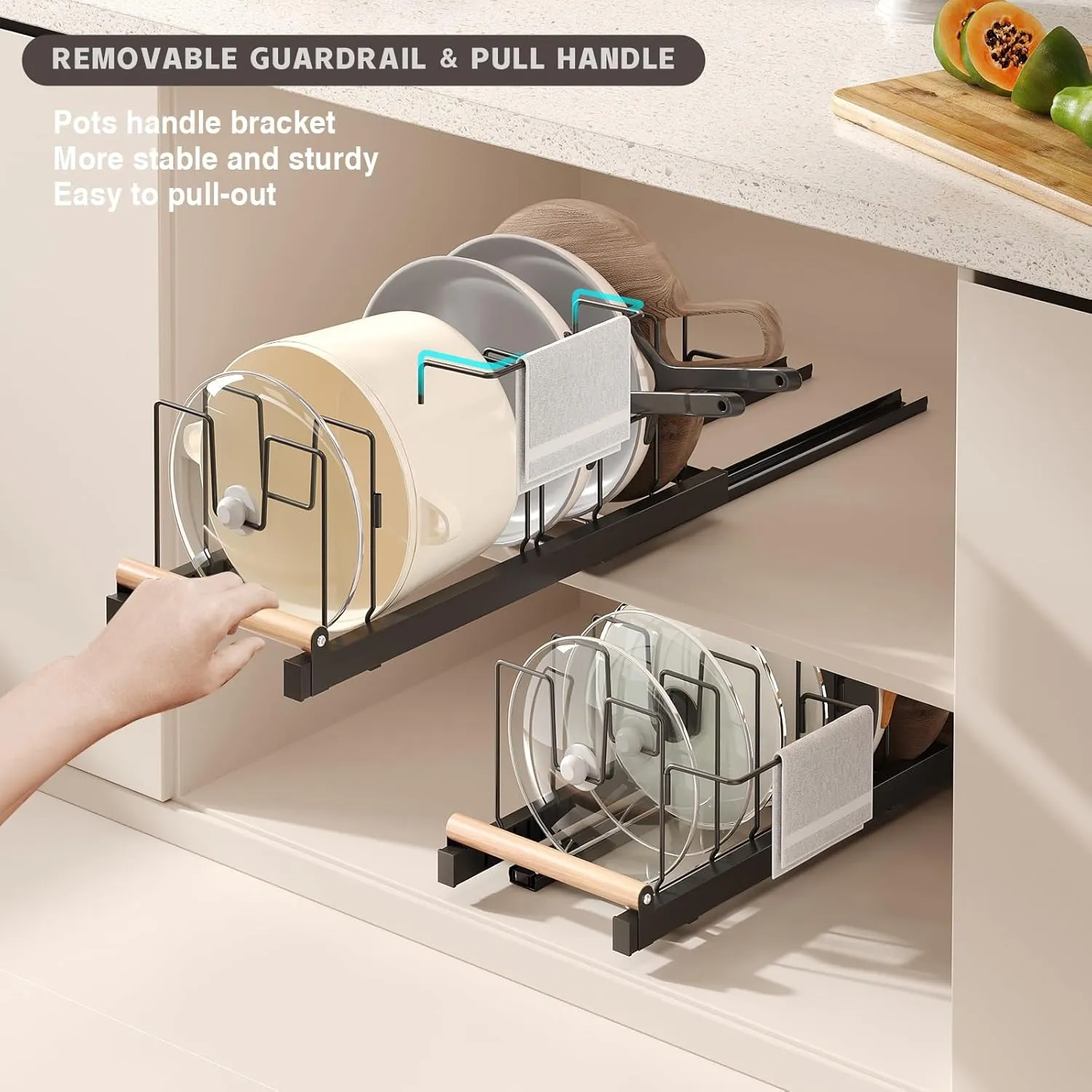 Pull Out Pots and Pans Organizer Under Cabinet, 22" Deep Expandable Pot Lid Organizer and Storage with 10 Adjustable Dividers Adhesive Pot and Pan Holder Rack with Handle Bracket(1 Pack,Black)