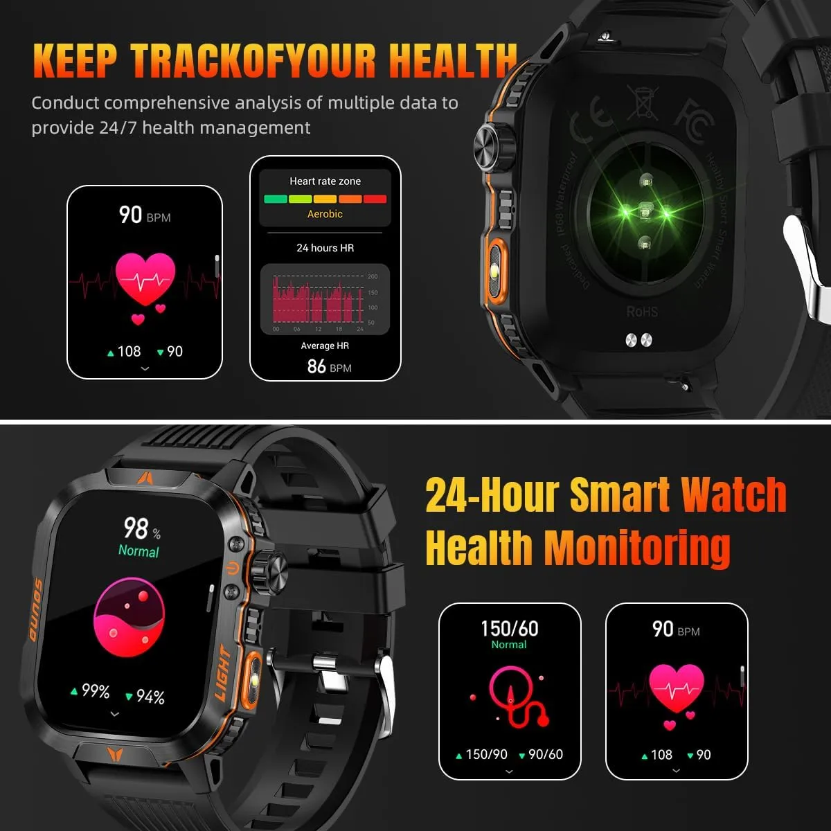 QTLLBT Men's Military Smart Watch Altimeter Barometer Compass IP68 Waterproof Suitable for Swimming Answer/Make Call Function Outdoor Tactical Smart Fitness Watch Heart Rate for Android & iOS