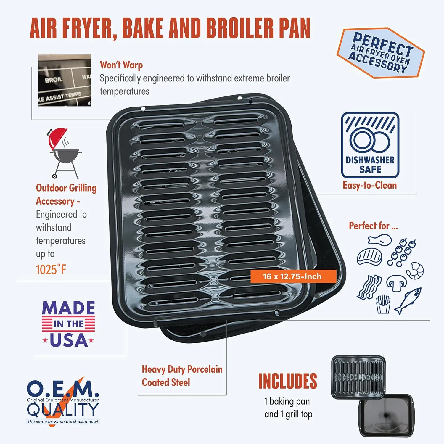 Range Kleen BP102X 2 Piece Heavy Duty Porcelain Air Fry, Bake and Broil Pan