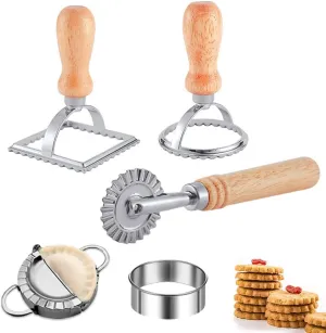 Ravioli Pasta Cutter Wheel Set of 5, Ravioli Maker Cutter with Roller Wheel Ravioli Cutter Set with Wooden Handle, Pasta Press Wheel Pasta Maker Tools For Pasta Making Dumplings, Pierogi (Silver)