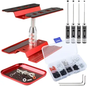 RC Car Stand RC Work Stand 360° Rotation RC Car Repair Workstation RC Hex Driver Tool Kit M3 Screws Box for 1/10 1/12 1/16 1/18 RC Car SC Truck Buggy Crawler (Red)