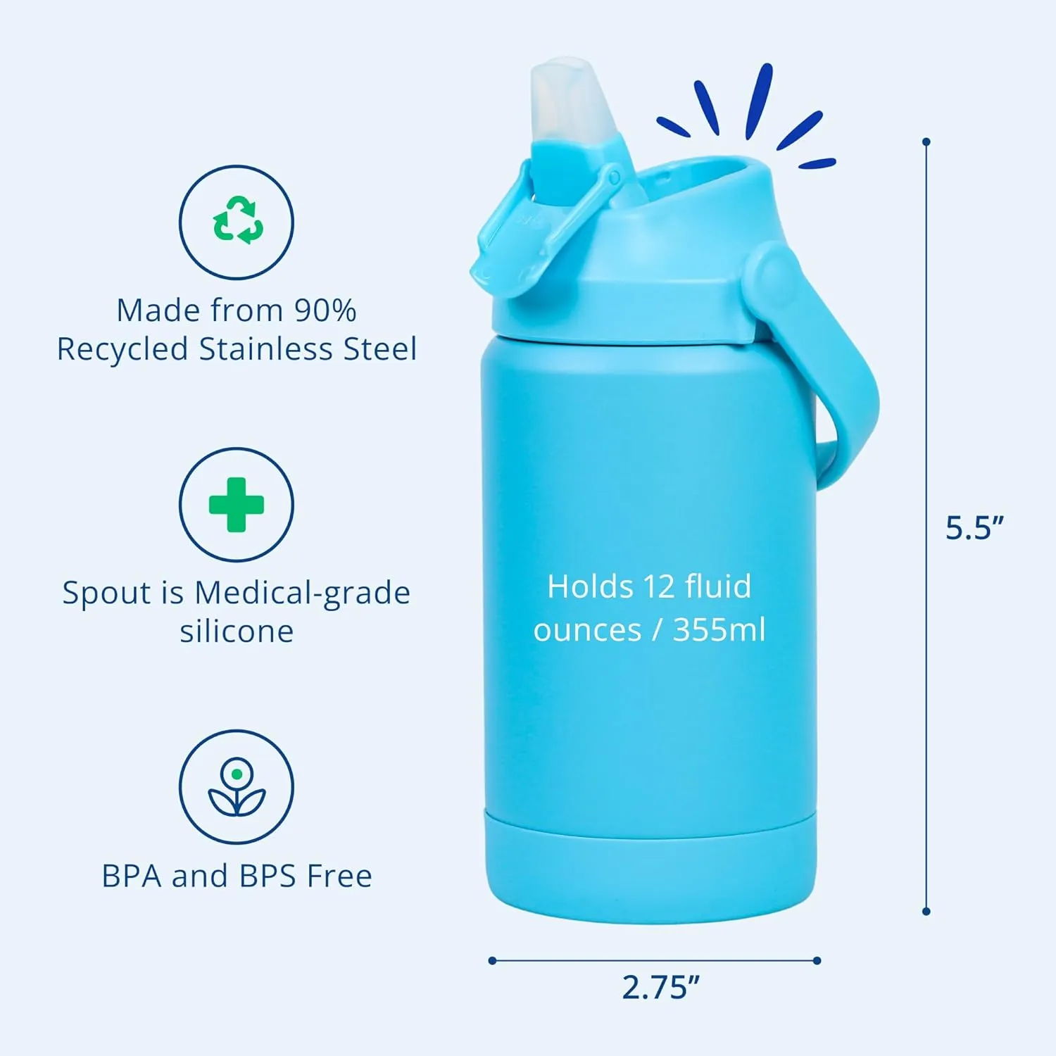 Re-Play 12 oz Water Bottle for Kids - Vacuum-Insulated Stainless Steel Tumbler with Flip-Straw, Silicone Base and Handle - Spill and Leak-Proof Design, Dishwasher and Freezer Safe, Pool