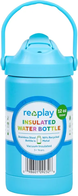 Re-Play 12 oz Water Bottle for Kids - Vacuum-Insulated Stainless Steel Tumbler with Flip-Straw, Silicone Base and Handle - Spill and Leak-Proof Design, Dishwasher and Freezer Safe, Pool