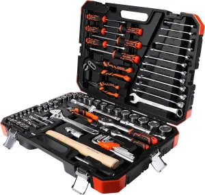REALTEK 100 Piece Mechanic Tool Set, Car Tool Kit, Cr-V Socket Wrench Auto Repair Kit Includes Socket Accessories, Pliers, Heavy Hammer, Screw Drivers, General Households Tools with Larger Case