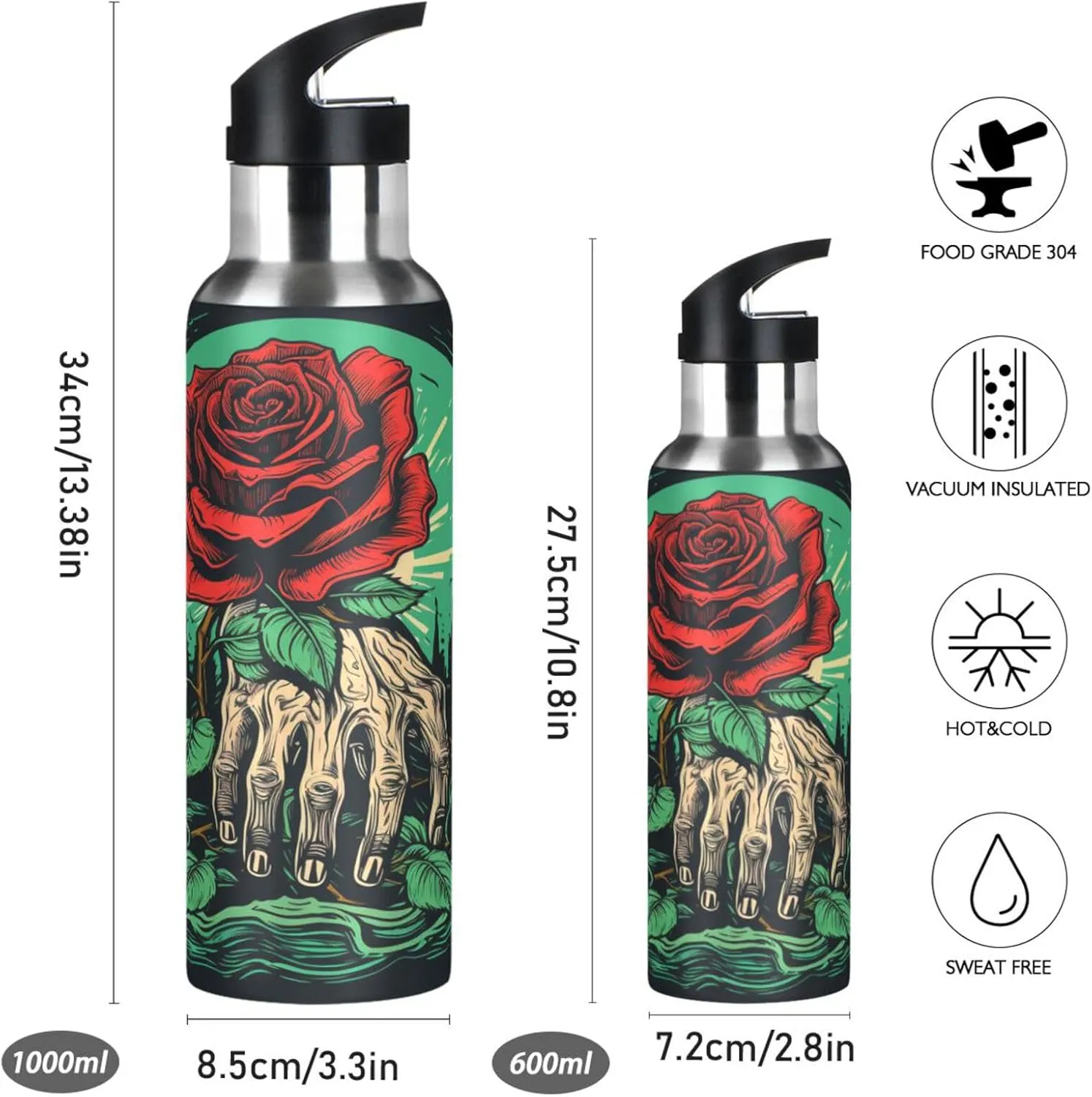 Red Rose Hand Abstract Black Sport Water Bottle Insulated Stainless Steel Large Vacuum Flask Leak Proof Thermos with Straw for Travel(600ml/1000ml)