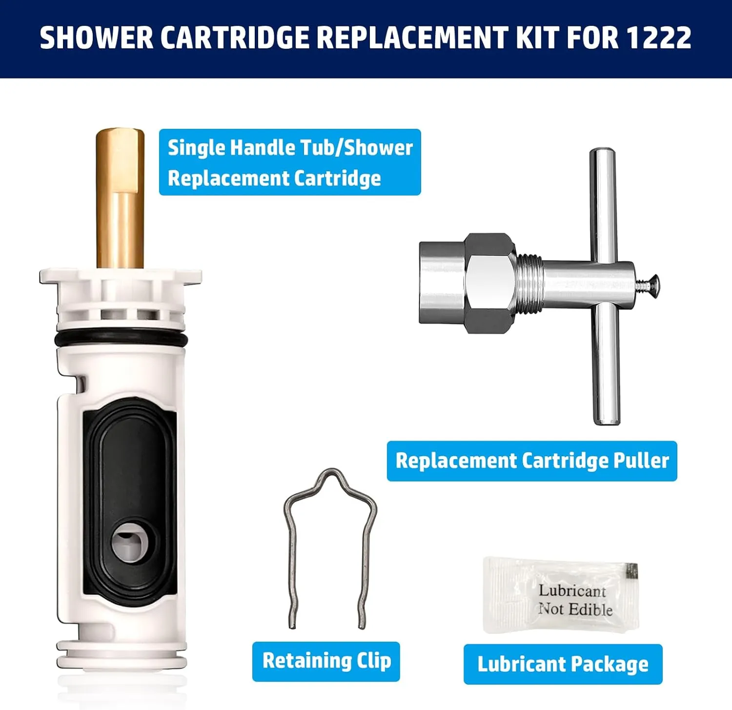Replacement Cartridge for 1222 with Puller & Retainer Clip, Tub and Shower Repair Kit for One Handle Faucet, Bathtub Shower Valve Parts and Removal Tool, Brass and Plastics