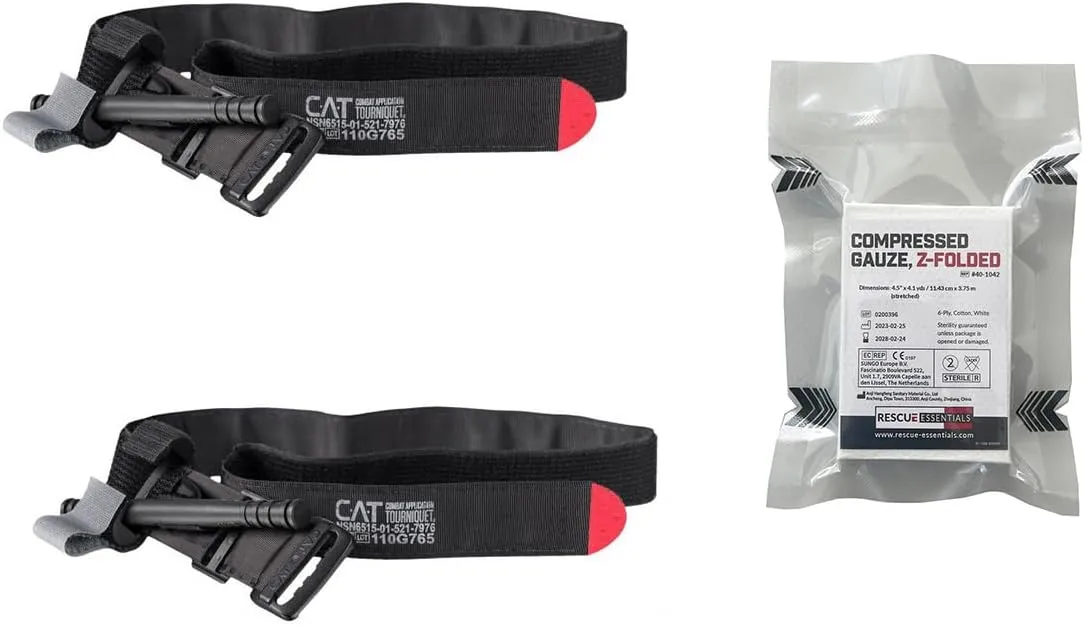 Rescue Essentials Bleeding Control Combo with Compressed Gauze and (2) Combat Application Tourniquets (Black)