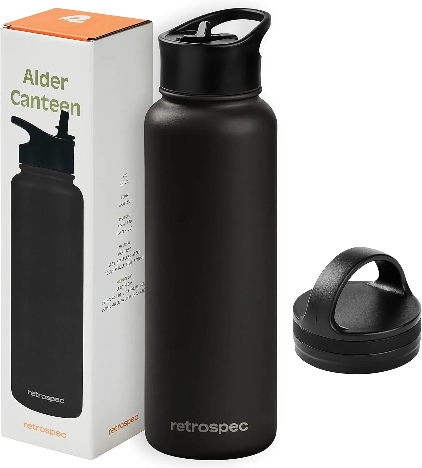 Retrospec Alder Insulated Water Bottle with Straw Lid & Handle Cap - Stainless Steel Wide Mouth Double-Wall Vacuum Insulated Thermos - BPA Free Leakproof Canteen