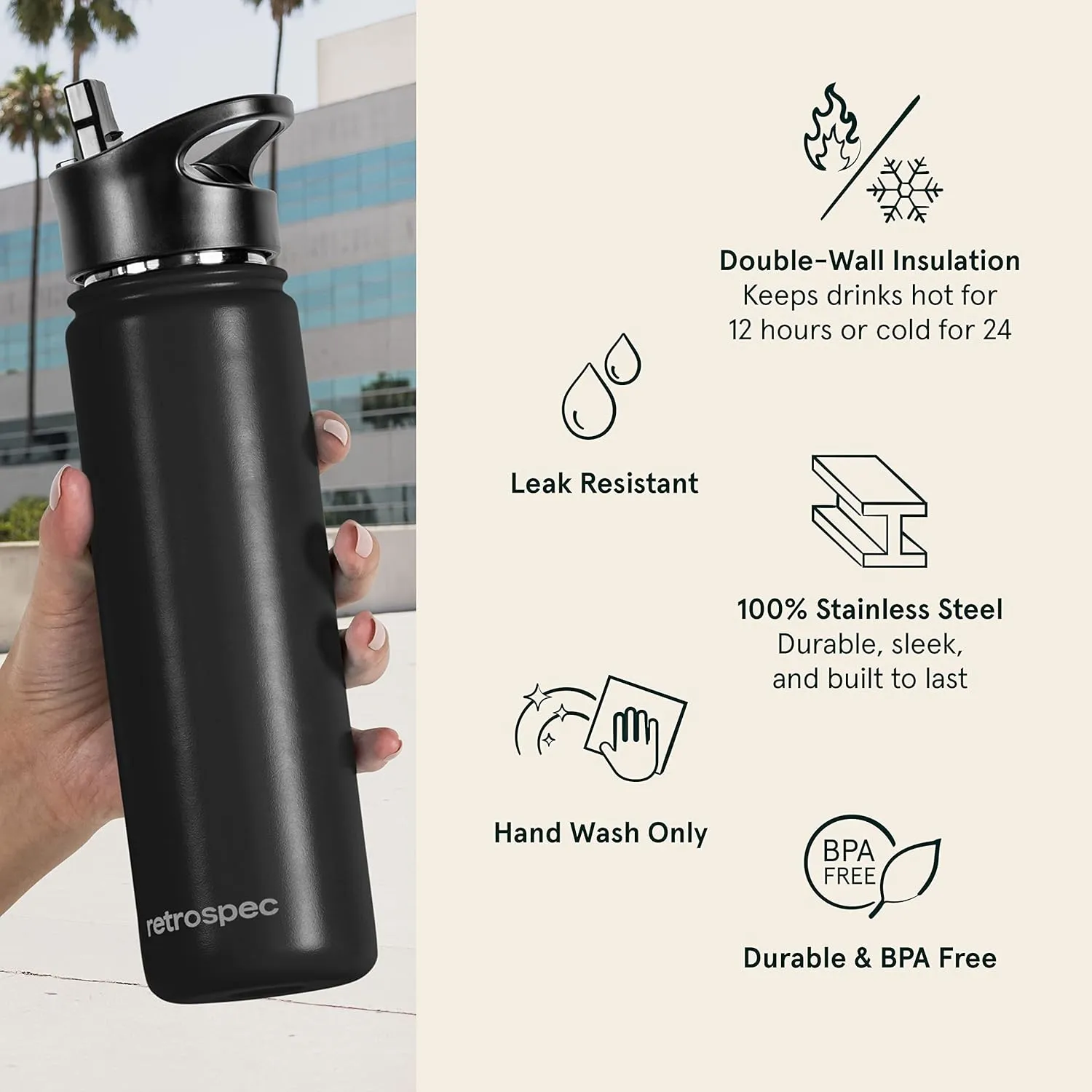 Retrospec Alder Insulated Water Bottle with Straw Lid & Handle Cap - Stainless Steel Wide Mouth Double-Wall Vacuum Insulated Thermos - BPA Free Leakproof Canteen