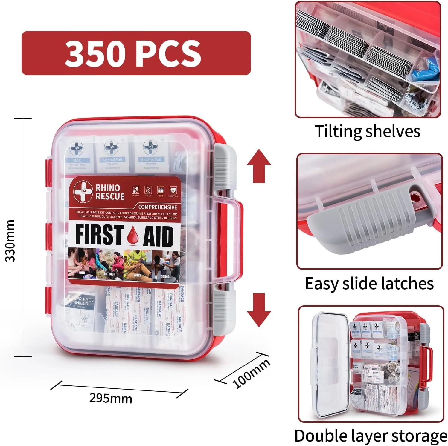 RHINO RESCUE 350 Pieces OSHA All-Purpose First Aid Kit, Home & Office Professional Medical Supplies, Ideal for Emergency, School, Business FSA HSA Eligible