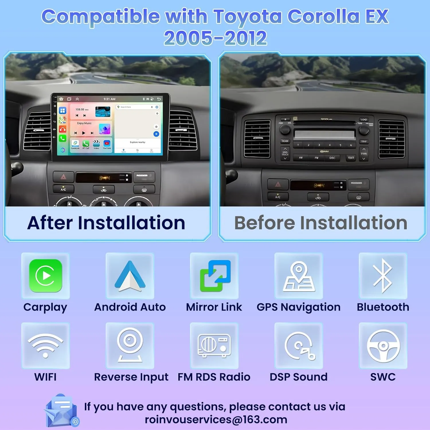 Roinvou 8 Cores 4 64G Android Radio Upgrade for Toyota Corolla EX 2005-2012, 9'' HD Touchscreen with Wireless CarPlay Android Auto GPS Navigation WiFi Backup Camera Mirror Link Bluetooth Mic RDS